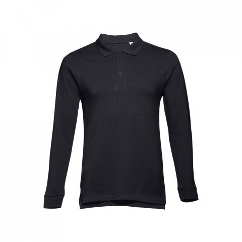 THC BERN. Men's long-sleeved 100% cotton piqu&eacute; polo shirt with removable label - Black