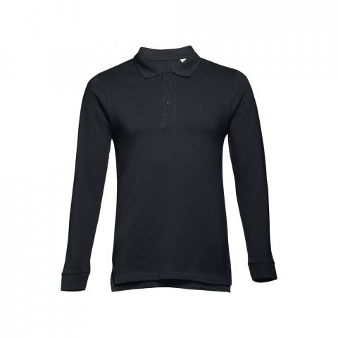 THC BERN. Men's long-sleeved 100% cotton piqu&eacute; polo shirt with removable label - Black