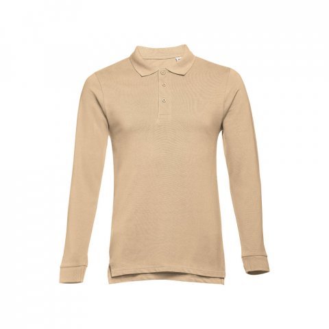 THC BERN. Men's long-sleeved 100% cotton piqu&eacute; polo shirt with removable label - Light brown