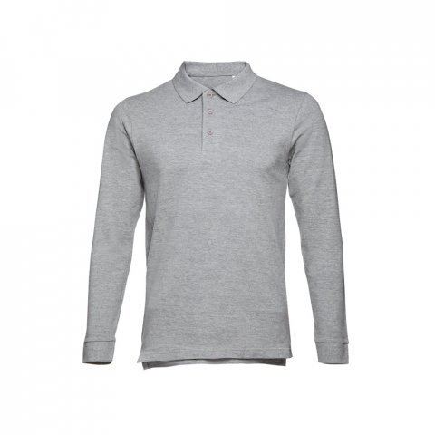 THC BERN. Men's long-sleeved 100% cotton piqu&eacute; polo shirt with removable label - Heather light grey