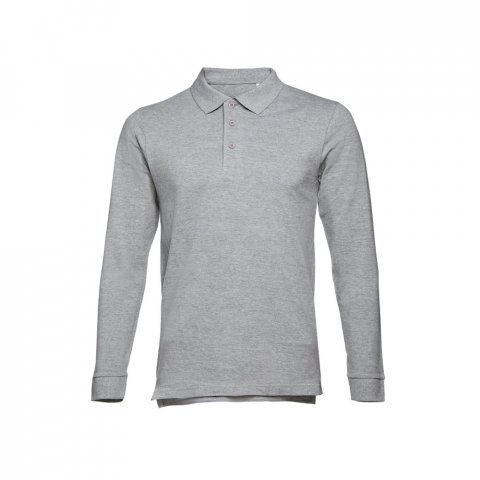 THC BERN. Men's long-sleeved 100% cotton piqu&eacute; polo shirt with removable label - Heather light grey