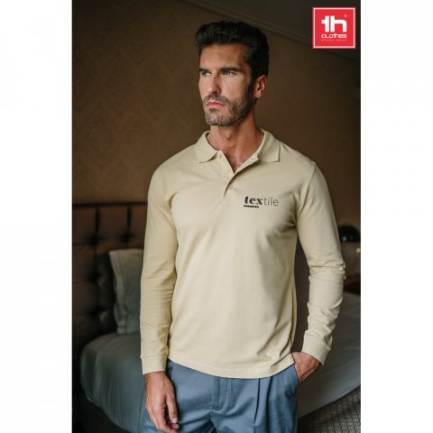 THC BERN. Men's long-sleeved 100% cotton piqu&eacute; polo shirt with removable label