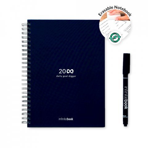 STARTER KIT INFINITE PLANNER A5. Le set comprend un "infinite Diary", un kit de nettoyage, un marqueur et un porte-marqueur - Bleu marine