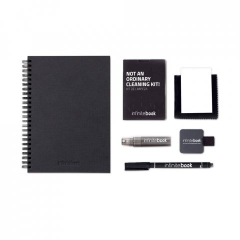 STARTER KIT INFINITEBOOK A5 PLANNER TEXTURE. Kit comprising "Infinitebook" with hard cover, 1 cleaning kit, 1 marker and 1 ballpoint holder - Black