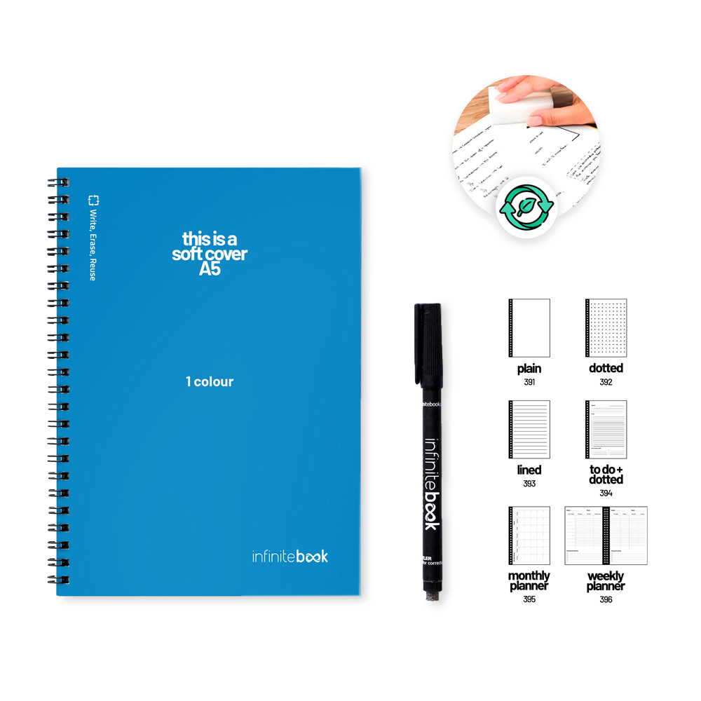 Bloco de notas A5 "Infinitebook" com capa flexível, inclui personalização numa cor na capa e no verso — Personalizado