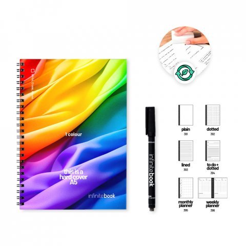 HARDCOVER A5 INFINITEBOOK - FULL COLOUR. A5 "Infinitebook" notepad with hard cover, includes customisation in one colour on the cover and back