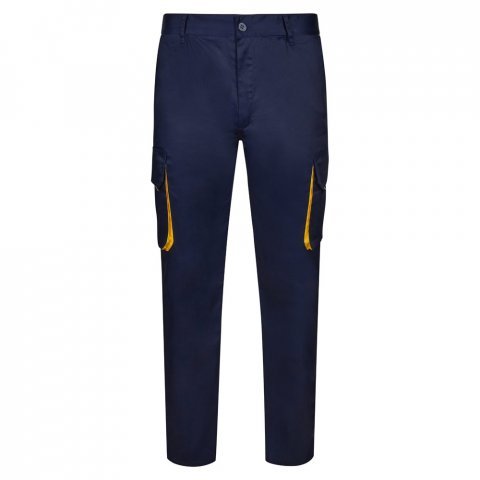 VL HYPNOS. Dvojfarebn&eacute; keprov&eacute; nohavice s viacer&yacute;mi vreckami (200 g/m&sup2;), z bavlny (35 %) a polyesteru (65 %) - Modr&aacute;/Žlt&aacute;
