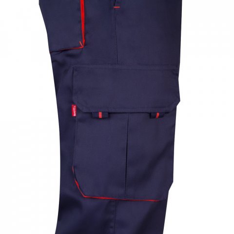VL HYPNOS. Dvojfarebn&eacute; keprov&eacute; nohavice s viacer&yacute;mi vreckami (200 g/m&sup2;), z bavlny (35 %) a polyesteru (65 %) - Modr&aacute;/Červen&aacute;