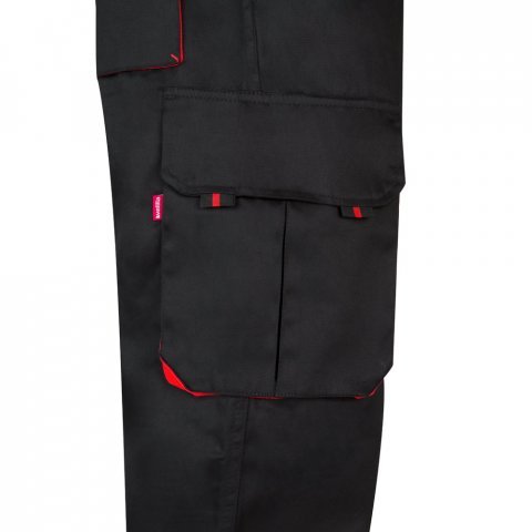 VL HYPNOS. Dvojfarebn&eacute; keprov&eacute; nohavice s viacer&yacute;mi vreckami (200 g/m&sup2;), z bavlny (35 %) a polyesteru (65 %) - Čierna/Červen&aacute;