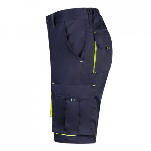 VL HEMERA. Dvojfarebn&eacute; elastick&eacute; bermudy s viacer&yacute;mi vreckami (240 g/m&sup2;), z bavlny (46 %), EME (38 %) a polyesteru (16 %) - Modr&aacute;/Žlt&aacute;