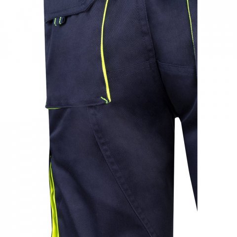 VL HEMERA. Dvojfarebn&eacute; elastick&eacute; bermudy s viacer&yacute;mi vreckami (240 g/m&sup2;), z bavlny (46 %), EME (38 %) a polyesteru (16 %) - Modr&aacute;/Žlt&aacute;