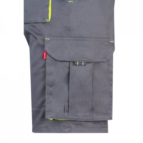 VL HEMERA. Dvojfarebn&eacute; elastick&eacute; bermudy s viacer&yacute;mi vreckami (240 g/m&sup2;), z bavlny (46 %), EME (38 %) a polyesteru (16 %) - Siv&aacute;/Žlt&aacute;