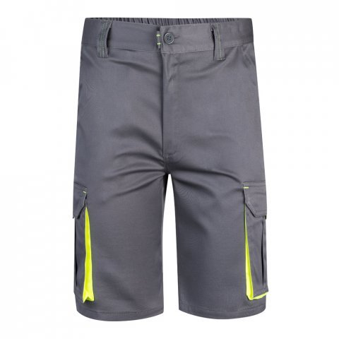 VL HEMERA. Dvojfarebn&eacute; elastick&eacute; bermudy s viacer&yacute;mi vreckami (240 g/m&sup2;), z bavlny (46 %), EME (38 %) a polyesteru (16 %) - Siv&aacute;/Žlt&aacute;