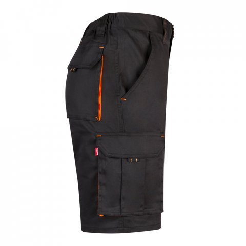 VL HEMERA. Dvojfarebn&eacute; elastick&eacute; bermudy s viacer&yacute;mi vreckami (240 g/m&sup2;), z bavlny (46 %), EME (38 %) a polyesteru (16 %) - Čierna/Oranžov&aacute;