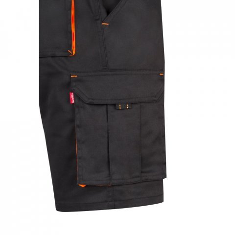 VL HEMERA. Dvojfarebn&eacute; elastick&eacute; bermudy s viacer&yacute;mi vreckami (240 g/m&sup2;), z bavlny (46 %), EME (38 %) a polyesteru (16 %) - Čierna/Oranžov&aacute;