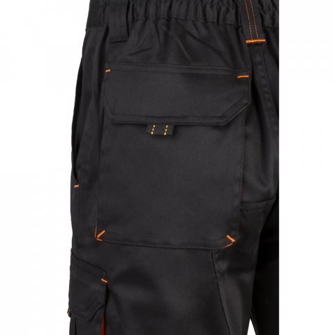 VL HEMERA. Dvojfarebn&eacute; elastick&eacute; bermudy s viacer&yacute;mi vreckami (240 g/m&sup2;), z bavlny (46 %), EME (38 %) a polyesteru (16 %) - Čierna/Oranžov&aacute;