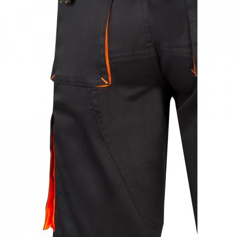 VL HEMERA. Dvojfarebn&eacute; elastick&eacute; bermudy s viacer&yacute;mi vreckami (240 g/m&sup2;), z bavlny (46 %), EME (38 %) a polyesteru (16 %) - Čierna/Oranžov&aacute;