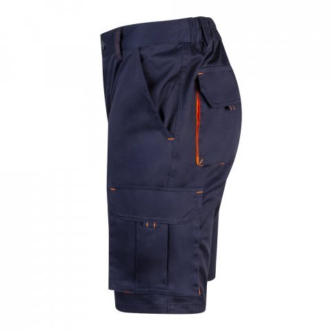 VL HEMERA. Dvojfarebn&eacute; elastick&eacute; bermudy s viacer&yacute;mi vreckami (240 g/m&sup2;), z bavlny (46 %), EME (38 %) a polyesteru (16 %) - Modr&aacute;/Oranžov&aacute;