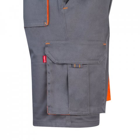 VL HEMERA. Dvojfarebn&eacute; elastick&eacute; bermudy s viacer&yacute;mi vreckami (240 g/m&sup2;), z bavlny (46 %), EME (38 %) a polyesteru (16 %) - Siv&aacute;/Oranžov&aacute;