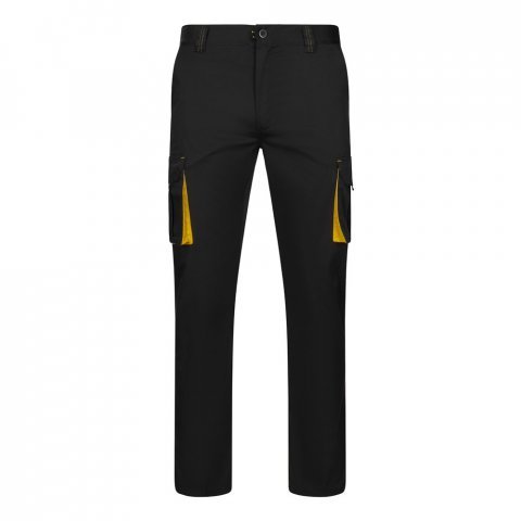 VL FIDES. Dvojfarebn&eacute; elastick&eacute; nohavice s viacer&yacute;mi vreckami (240 g/m&sup2;) z bavlny (46 %), EME (38 %) a polyesteru (16 %) - Čierna/Žlt&aacute;