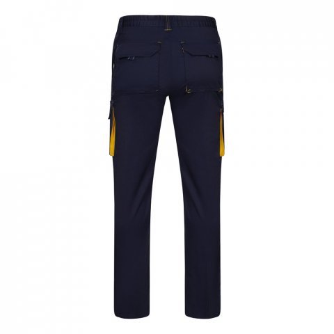 VL FIDES. Dvojfarebn&eacute; elastick&eacute; nohavice s viacer&yacute;mi vreckami (240 g/m&sup2;) z bavlny (46 %), EME (38 %) a polyesteru (16 %) - Modr&aacute;/Žlt&aacute;