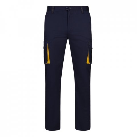 VL FIDES. Dvojfarebn&eacute; elastick&eacute; nohavice s viacer&yacute;mi vreckami (240 g/m&sup2;) z bavlny (46 %), EME (38 %) a polyesteru (16 %) - Modr&aacute;/Žlt&aacute;