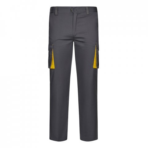 VL FIDES. Dvojfarebn&eacute; elastick&eacute; nohavice s viacer&yacute;mi vreckami (240 g/m&sup2;) z bavlny (46 %), EME (38 %) a polyesteru (16 %) - Siv&aacute;/Žlt&aacute;