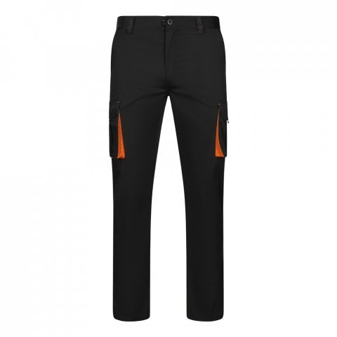 VL FIDES. Dvojfarebn&eacute; elastick&eacute; nohavice s viacer&yacute;mi vreckami (240 g/m&sup2;) z bavlny (46 %), EME (38 %) a polyesteru (16 %) - Čierna/Oranžov&aacute;