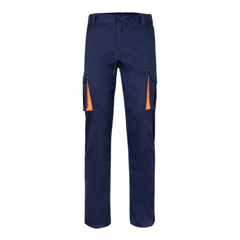VL FIDES. Dvojfarebn&eacute; elastick&eacute; nohavice s viacer&yacute;mi vreckami (240 g/m&sup2;) z bavlny (46 %), EME (38 %) a polyesteru (16 %) - Modr&aacute;/Oranžov&aacute;