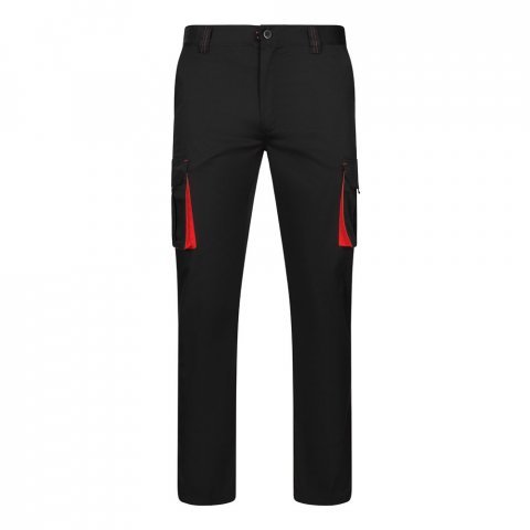 VL FIDES. Dvojfarebn&eacute; elastick&eacute; nohavice s viacer&yacute;mi vreckami (240 g/m&sup2;) z bavlny (46 %), EME (38 %) a polyesteru (16 %) - Čierna/Červen&aacute;