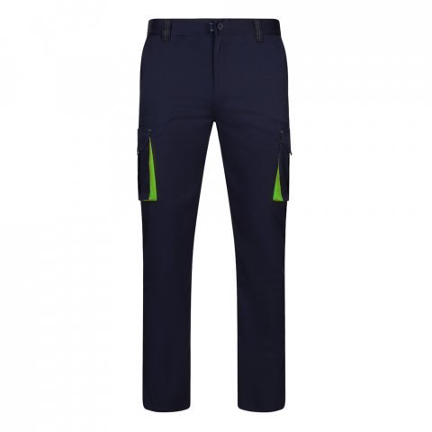 VL FIDES. Dvojfarebn&eacute; elastick&eacute; nohavice s viacer&yacute;mi vreckami (240 g/m&sup2;) z bavlny (46 %), EME (38 %) a polyesteru (16 %) - Modr&aacute;/Zelen&aacute;