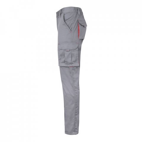 VL FIDES. Dvojfarebn&eacute; elastick&eacute; nohavice s viacer&yacute;mi vreckami (240 g/m&sup2;) z bavlny (46 %), EME (38 %) a polyesteru (16 %) - Siv&aacute;/Červen&aacute;