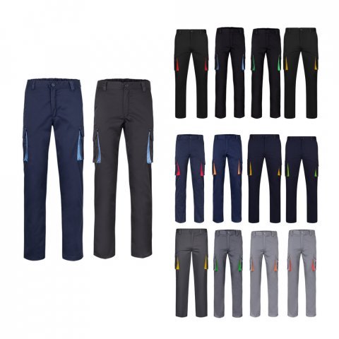 VL FIDES. Dvojfarebn&eacute; elastick&eacute; nohavice s viacer&yacute;mi vreckami (240 g/m&sup2;) z bavlny (46 %), EME (38 %) a polyesteru (16 %)