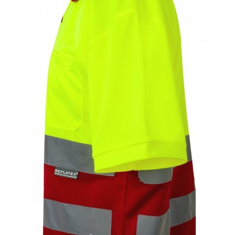 VL CUPID LARGE. Zweifarbiges Poloshirt im Bird-Eye-Design (160g/m&sup2;) mit kurzen &Auml;rmeln, aus Polyester (100%) - Rot/Gelb