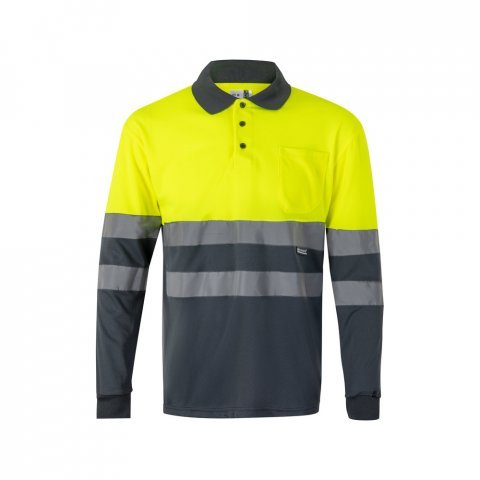 VL VULCAN. Polo bicolor ojo de p&aacute;jaro (160g/m&sup2;) con manga larga, en poli&eacute;ster (100%) - Gris/Amarillo