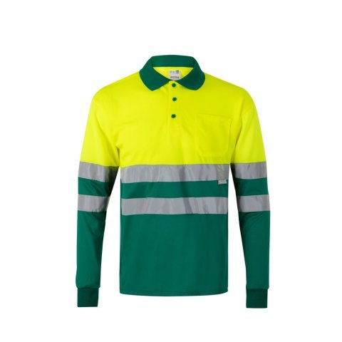 VL VULCAN. Polo bicolor ojo de p&aacute;jaro (160g/m&sup2;) con manga larga, en poli&eacute;ster (100%) - Verde/Amarillo