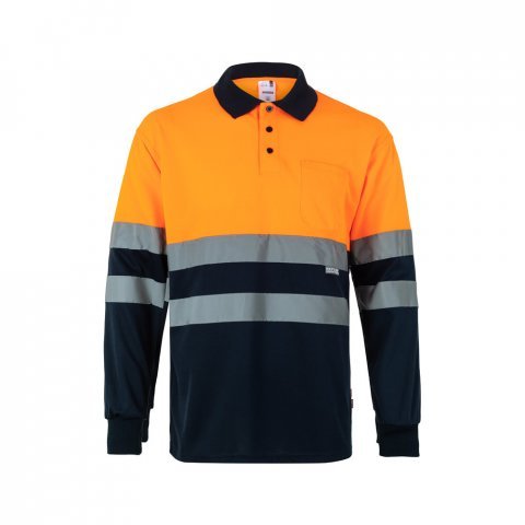 VL VULCAN. Polo bicolor ojo de p&aacute;jaro (160g/m&sup2;) con manga larga, en poli&eacute;ster (100%) - Azul marino/Naranja