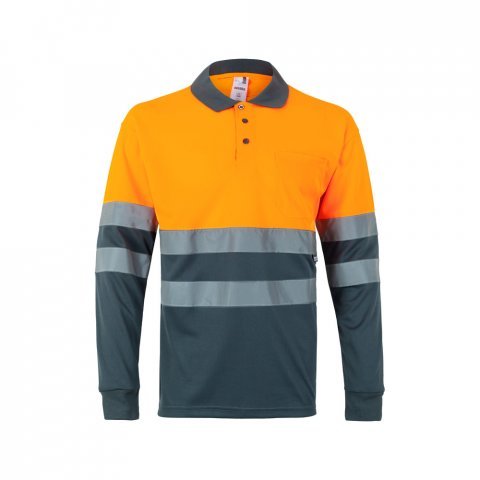 VL VULCAN. Polo bicolor ojo de p&aacute;jaro (160g/m&sup2;) con manga larga, en poli&eacute;ster (100%) - Gris/Naranja