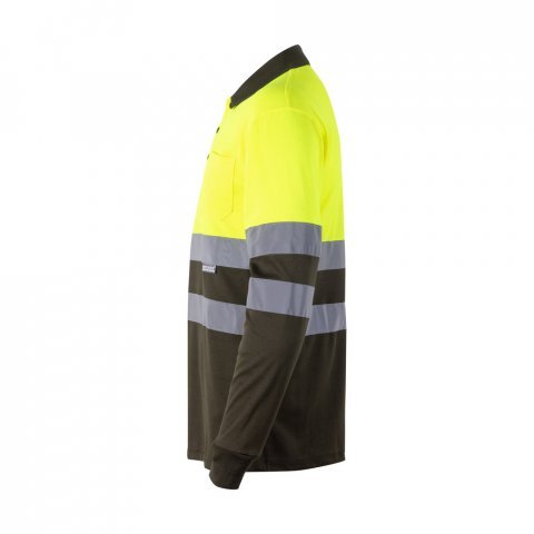 VL VULCAN. Polo bicolor ojo de p&aacute;jaro (160g/m&sup2;) con manga larga, en poli&eacute;ster (100%) - Verde militar/Amarillo