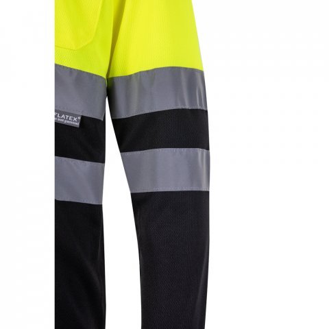 VL VULCAN LARGE. Polo bicolor bird-eye (160g/m&sup2;) de manga comprida, em poli&eacute;ster (100%) - Preto/Amarelo