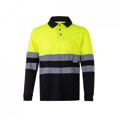 VL VULCAN LARGE. Polo bicolor bird-eye (160g/m&sup2;) de manga comprida, em poli&eacute;ster (100%) - Preto/Amarelo