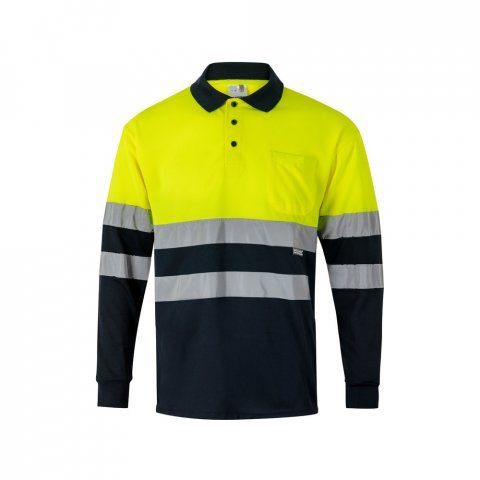 VL VULCAN LARGE. Polo bicolor bird-eye (160g/m&sup2;) de manga comprida, em poli&eacute;ster (100%) - Azul marinho/Amarelo