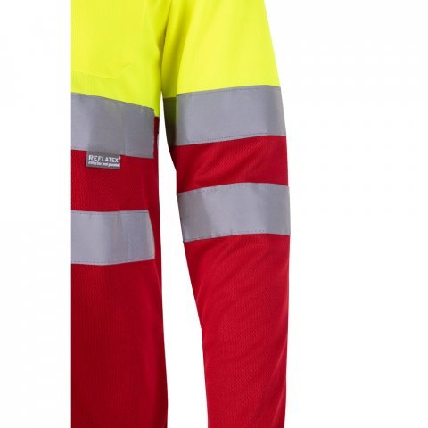 VL VULCAN LARGE. Polo bicolor bird-eye (160g/m&sup2;) de manga comprida, em poli&eacute;ster (100%) - Vermelho/Amarelo