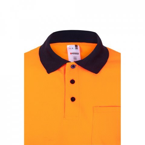 VL VULCAN LARGE. Polo bicolor bird-eye (160g/m&sup2;) de manga comprida, em poli&eacute;ster (100%) - Azul marinho/Laranja