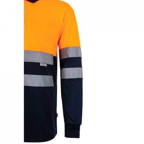 VL VULCAN LARGE. Polo bicolor bird-eye (160g/m&sup2;) de manga comprida, em poli&eacute;ster (100%) - Azul marinho/Laranja