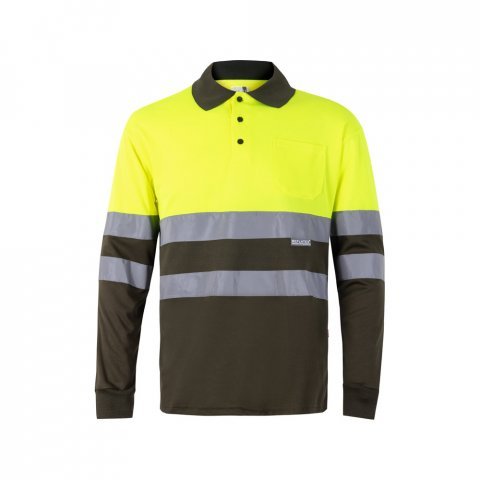 VL VULCAN LARGE. Polo bicolor bird-eye (160g/m&sup2;) de manga comprida, em poli&eacute;ster (100%) - Verde tropa/Amarelo