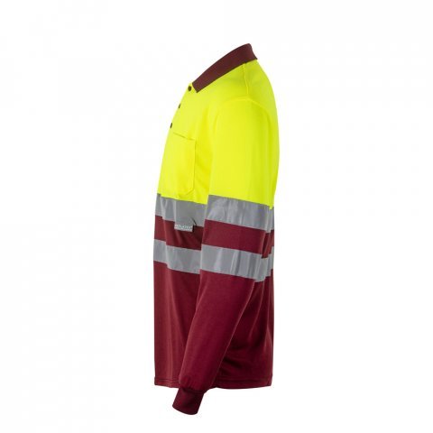 VL VULCAN LARGE. Polo bicolor bird-eye (160g/m&sup2;) de manga comprida, em poli&eacute;ster (100%) - Bordeaux/Amarelo