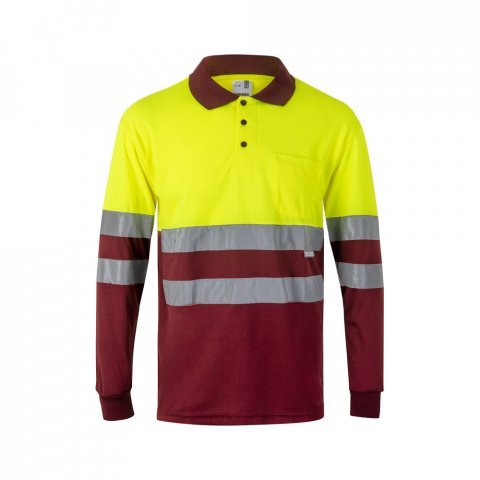 VL VULCAN LARGE. Polo bicolor bird-eye (160g/m&sup2;) de manga comprida, em poli&eacute;ster (100%) - Bordeaux/Amarelo