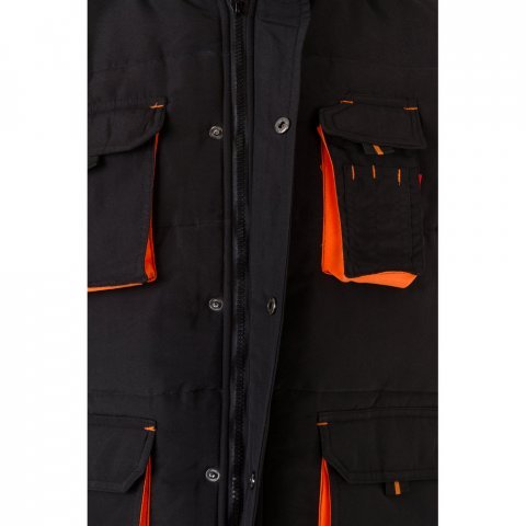 VL NERGAL. Colete acolchoado, bicolor multibolsos (120g/m&sup2;), em poli&eacute;ster (100%) - Preto/Laranja