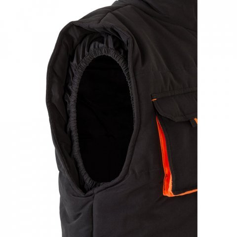 VL NERGAL. Colete acolchoado, bicolor multibolsos (120g/m&sup2;), em poli&eacute;ster (100%) - Preto/Laranja